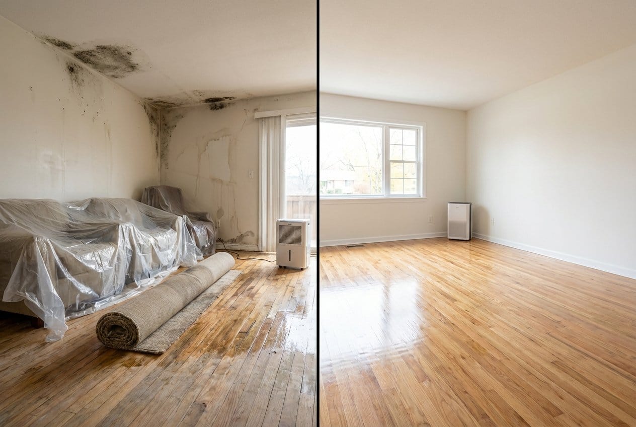 Mold Testing & Lab Reporting before and after in living room, Bergenfield NJ