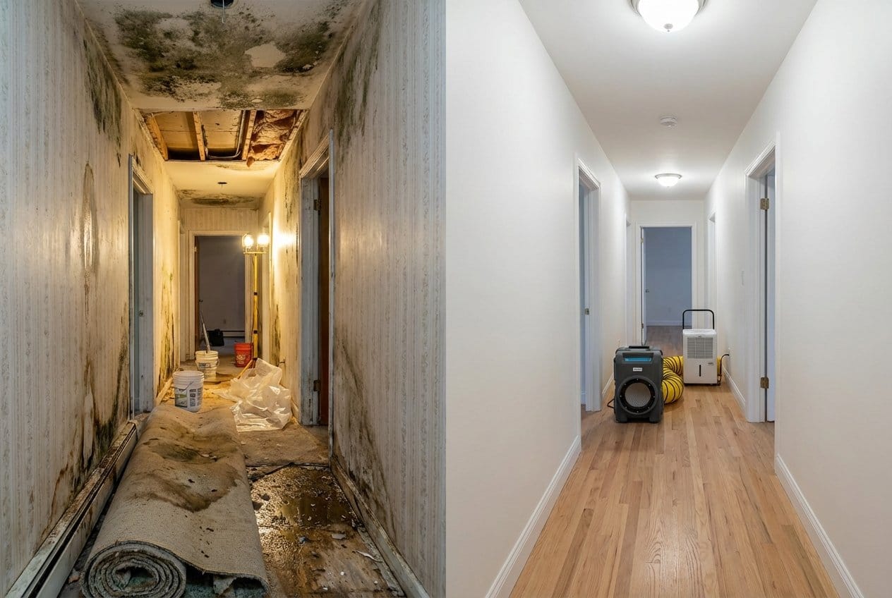 Black Mold Removal before and after in hallway, Bergenfield NJ