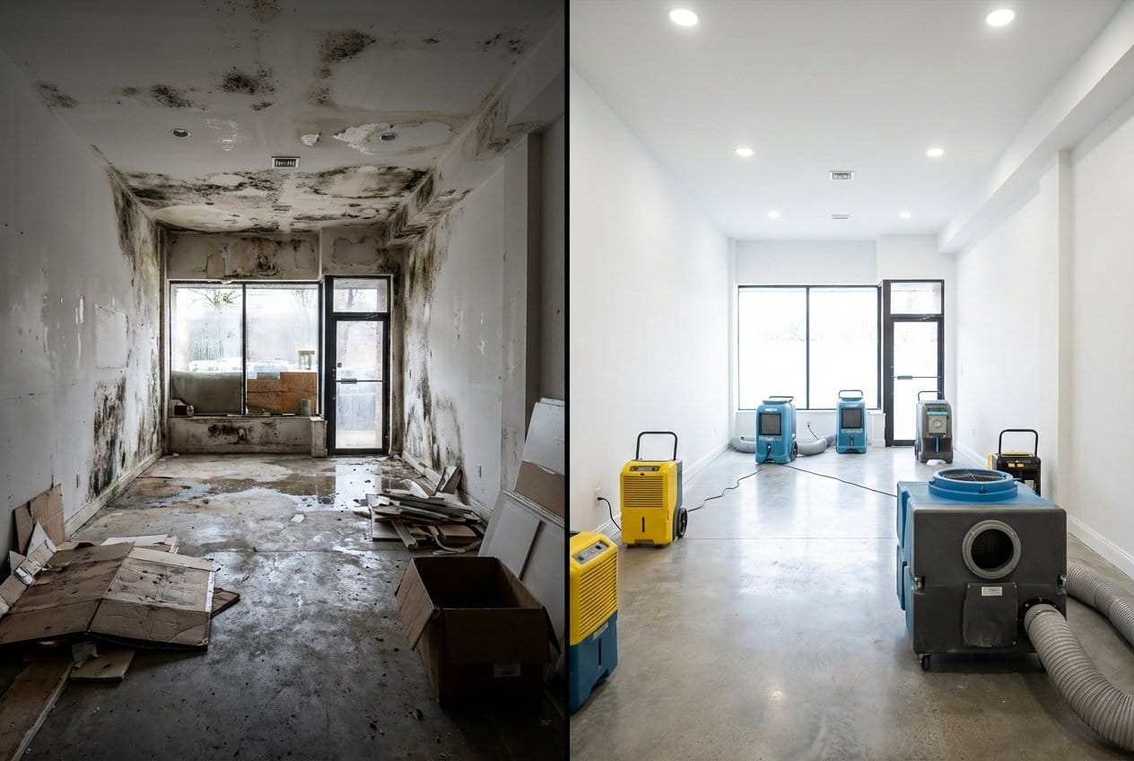 Before and after attic & crawl space mold removal in Bergenfield Cape Cod house storefront interior