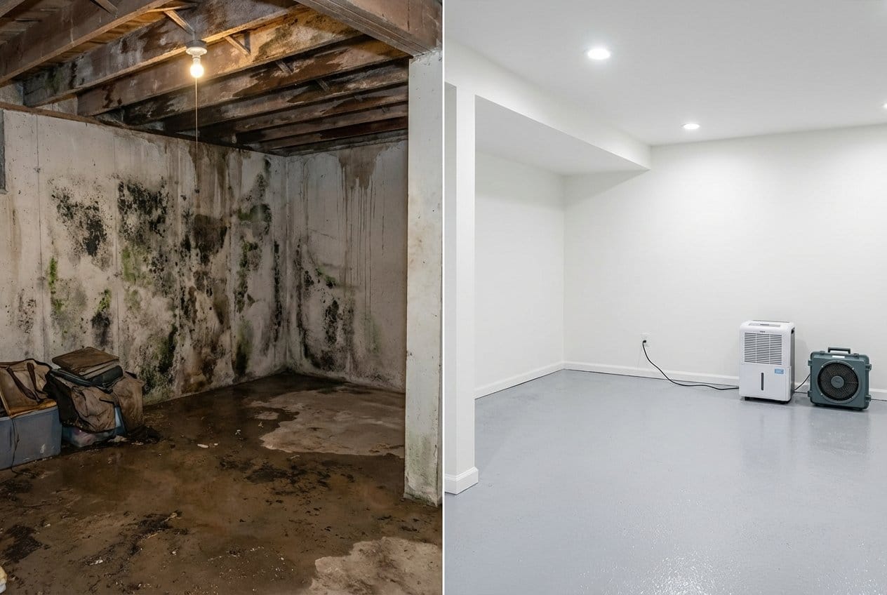 Basement & Foundation Mold Removal before and after in residential basement, Bergenfield NJ