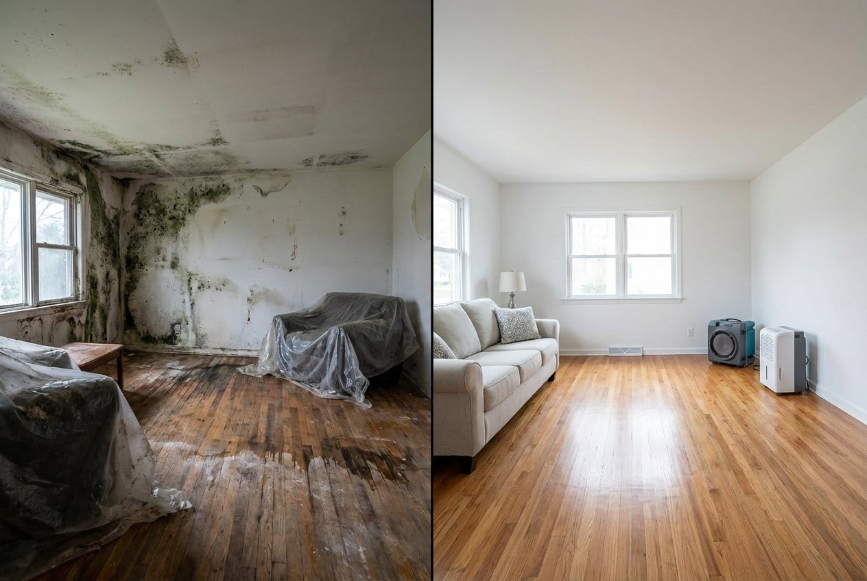 Bathroom & Kitchen Mold Removal before and after in living room, Bergenfield NJ