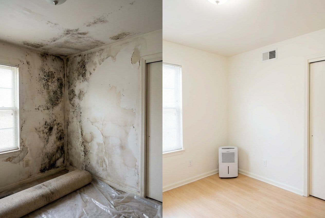 Before and after bathroom & kitchen mold removal in Bergenfield bi-level home bedroom