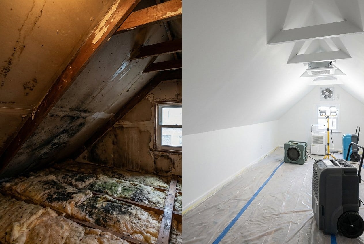 Before and after post-remediation cleaning & clearance in Bergenfield single-family home attic space