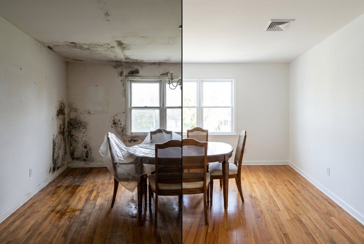 Before and after odor removal & disinfection in Bergenfield ranch-style home dining room