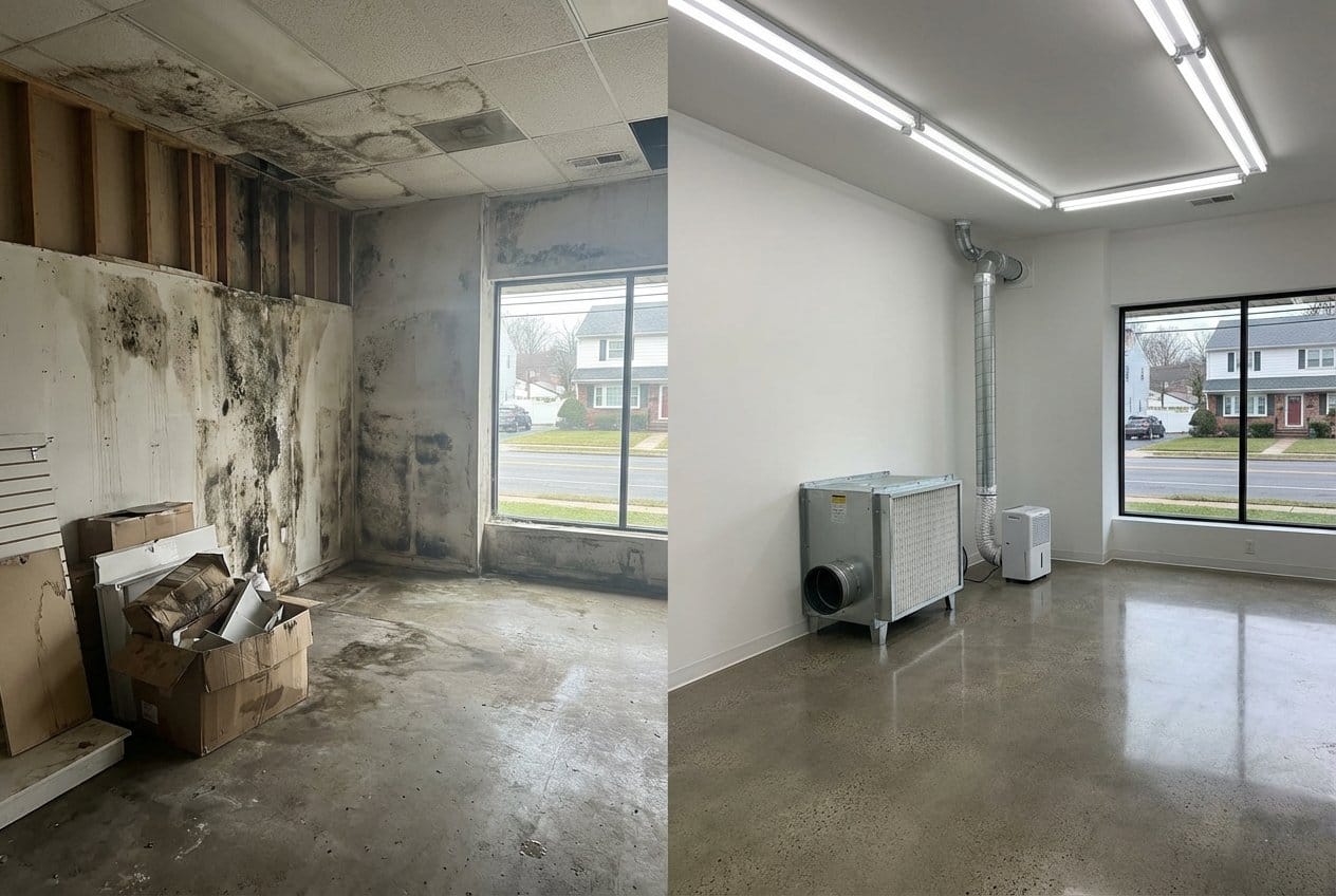 Before and after humidity & moisture control solution in Bergenfield townhouse storefront interior