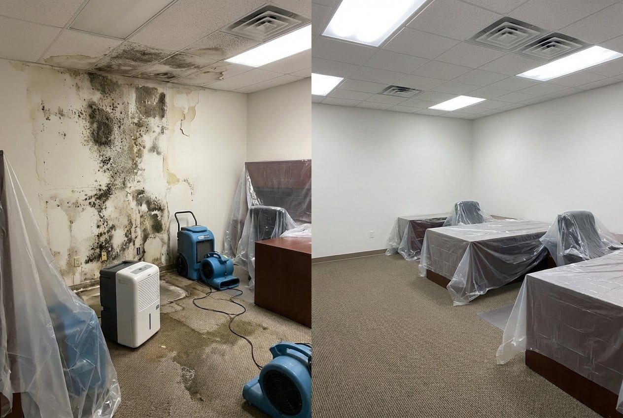 Bergenfield Mold Removal commercial office space restoration before and after in Bergenfield